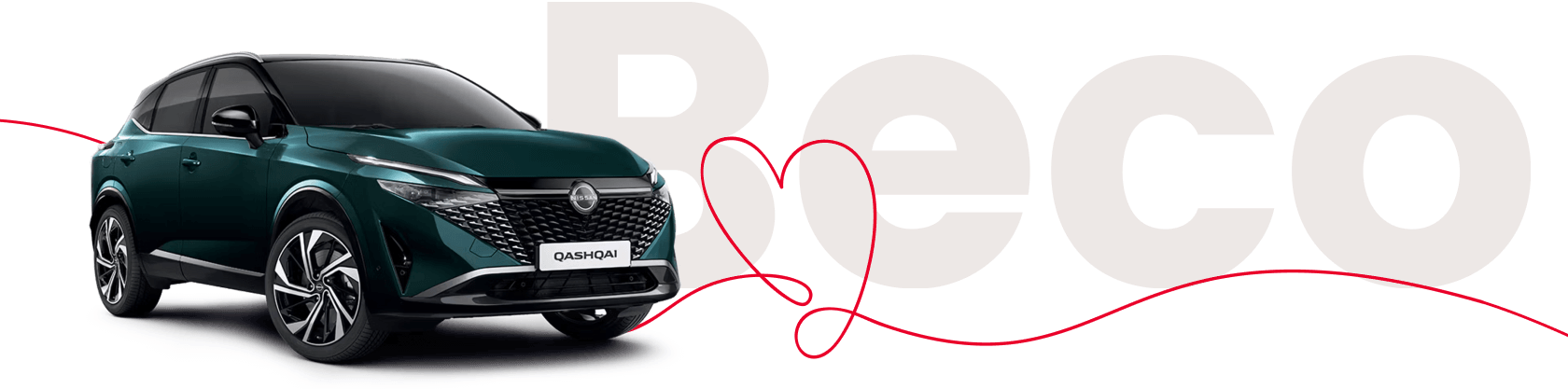 Nissan Qashqai, unas letras con el texto beco y un dibujo de una linea que forma un corazón